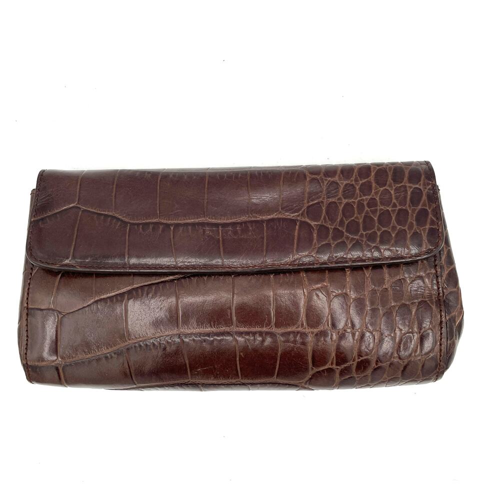 Furla Brown Croc Embossed Leather Clutch Wallet Envelope Foldover Italy